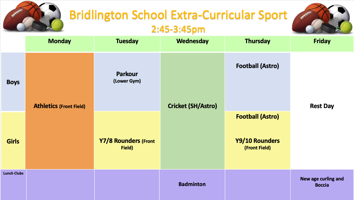 Bridlington School Extra-Curricular Sports Timetable